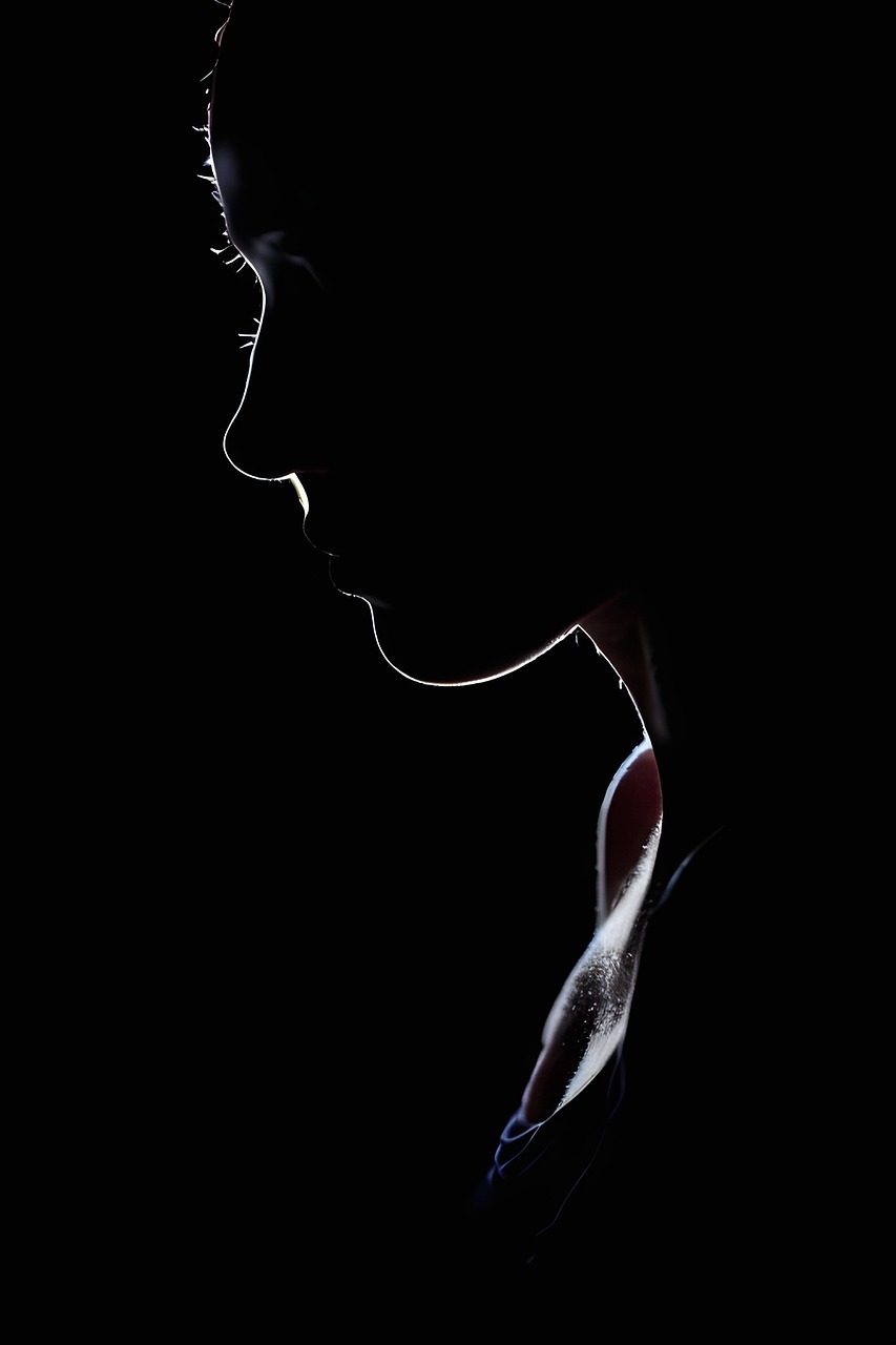 silhouette, woman, black background, lowkey, girl, side view, dark